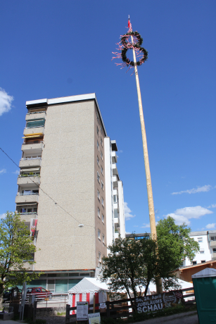 Der 34 Meter hohe Maibaum beim Kargl. Aus Sicherheitsgründen wurde der Wipfel durch eine Wörgl-Fahne ersetzt, um bei Sturm das Schwanken des Baumes zu minimieren