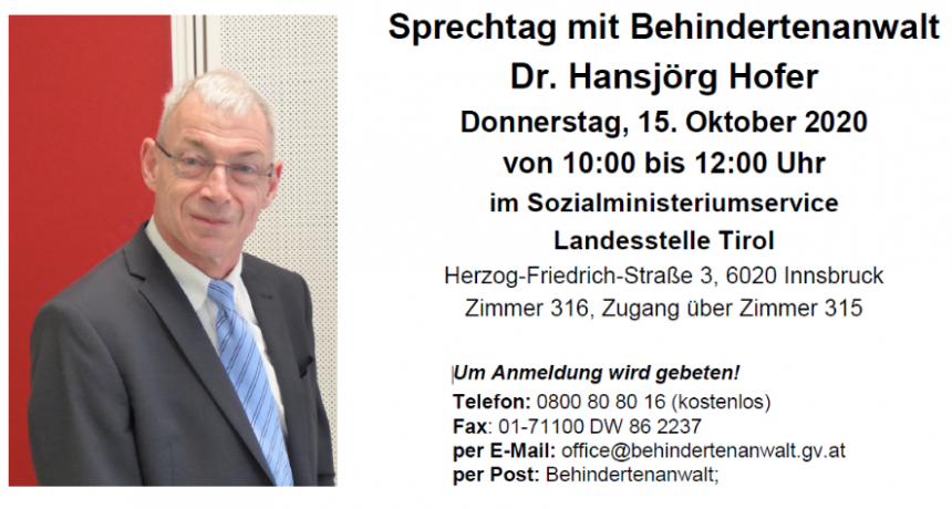 Sprechtag mit Behindertenanwalt Dr. Hansjörg Hofer Sprechtag mit Behindertenanwalt Dr. Hansjörg Hofer